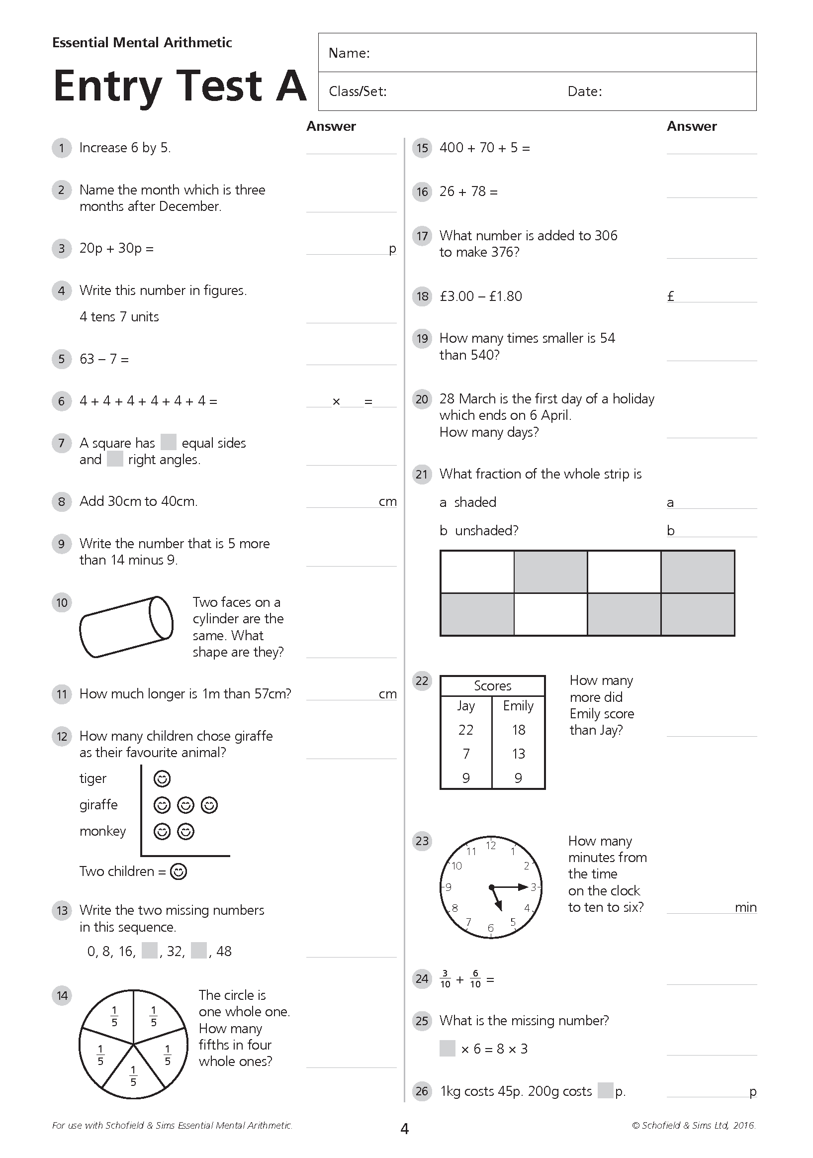 Essential Mental Arithmetic entry test A